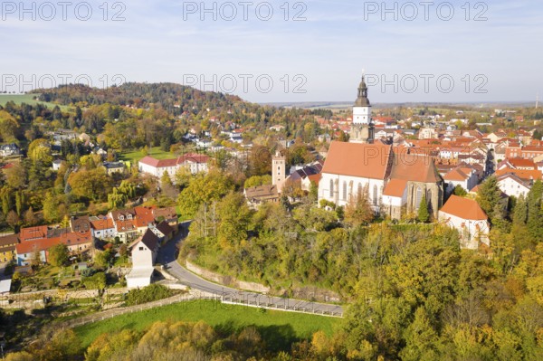 Aerial view of the city with Hutberg, Red Tower and St. Mary's Church, Kamenz, Saxony, Germany, Europe