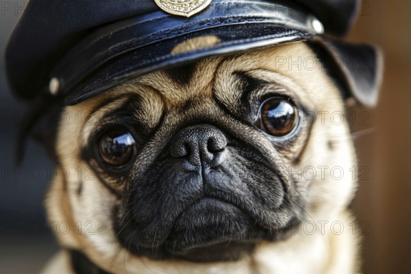 Portrait of Pug dog with police officer costume hat. Generative AI, AI generated