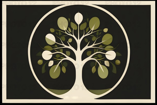 Abstract geometric tree with a circular canopy and a rectangular trunk, arranged in a clean, balanced design with a limited color palette of olive green, deep brown, and ivory, AI generated