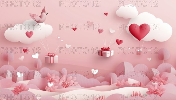 Valentine's Day gift with heart balloon greeting card banner on pink background gifts generated in Stuttgart, Germany, KI, AI generated, Europe