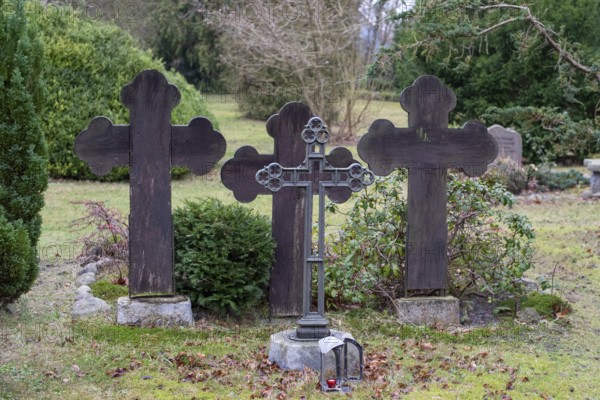 Three dark gravestones in a quiet cemetery, surrounded by bushes and bare trees, Seemannskirche Prerow, Prerow, Mecklenburg-Vorpommern, Germany, Europe