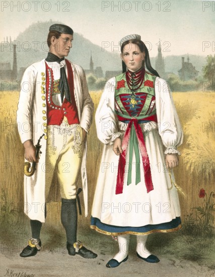 Traditional costumes in Germany around 1820, Württemberg, Betzingen, couple in traditional traditional costume standing in a wheat field, in the background a picturesque landscape, digitally retouched reproduction of a model from around 1850, by Albert Kretschmer (27 February 1825, 11 July 1891), German painter and costume expert