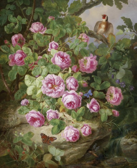 Large rose still life with butterflies and bird, painting by Josef Lauer (1818, 1881), Austrian still life painter who was active in the Biedermeier period, among others