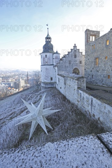 Christmas star and view in winter, hoarfrost, snow, Christmas decoration, 3D, three-dimensional, Hellenstein Castle, Heidenheim an der Brenz, Swabian Alb, Baden-Württemberg, Germany, Europe