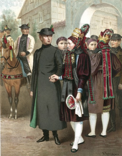 Traditional costumes in Germany around 1820, Altenburg, men and woman in festive costumes during a procession in the village, digitally retouched reproduction of a model from around 1850, by Albert Kretschmer (27 February 1825, 11 July 1891), German painter and traditional costume expert