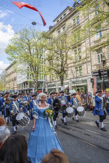 Drummers at the parade of historically costumed guild members, Zunft zur Meisen, Sechseläuten or Sächsilüüte, Zurich Spring Festival, Zurich, Switzerland, Europe