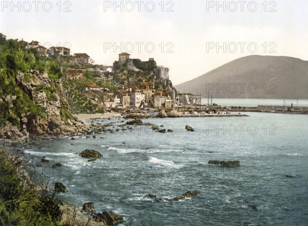 Castelnuovo, general view, Dalmatia, Austro-Hungary, digitally restored reproduction from a 19th century original, record date not stated, general view, Dalmatia, Austro-Hungary, digitally restored reproduction from a 19th century original, record date not stated