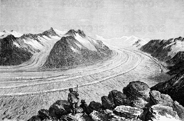 Great Aletsch Glacier in the Bernese Alps, largest Alpine glacier, origin in Jungfrau region, climate, climate change, global temperature rise, snow line, travel, Switzerland, historical illustration 1885, Europe