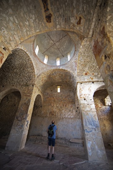 Frescoes in the church of St Nicholas, Byzantine ruined city of Mystras or Mistra on the Taygetos Mountains, UNESCO World Heritage Site, Laconia, Peloponnese, Greece, Europe