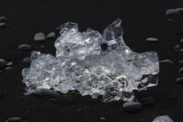 Little icebergs and crushed ice on the black beach at Joekulsarlon glacial lake