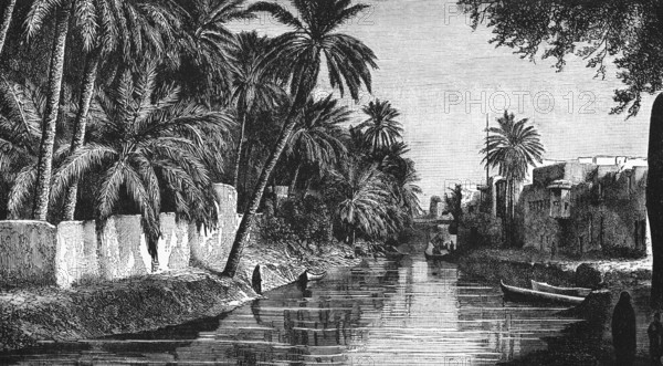 Wide canal near Baghdad, oasis, palm garden, buildings, boats, travelling in Asia, Iraq, historical illustration 1887, Asia