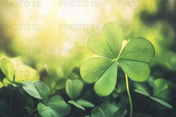 Close up of beautiful clover plant with sun in background with copy sapce. Generative AI, AI generated