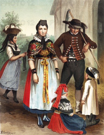 Traditional costumes in Germany around 1820, Nieder, Churhessen, Nenndorf, family in traditional traditional costume on a farm, digitally retouched reproduction of a model from around 1850, by Albert Kretschmer (27 February 1825, 11 July 1891), German painter and costume expert