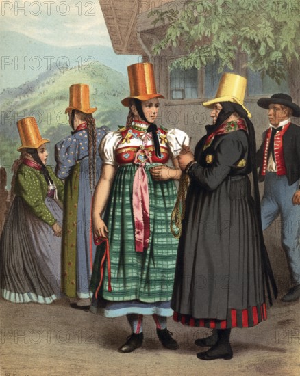 Traditional costumes in Germany around 1820, Baden, Prechtal, group of woman and a man in traditional traditional costume with eye-catching gold hats, digitally retouched reproduction of a model from around 1850, by Albert Kretschmer (27 February 1825, 11 July 1891), German painter and costume expert