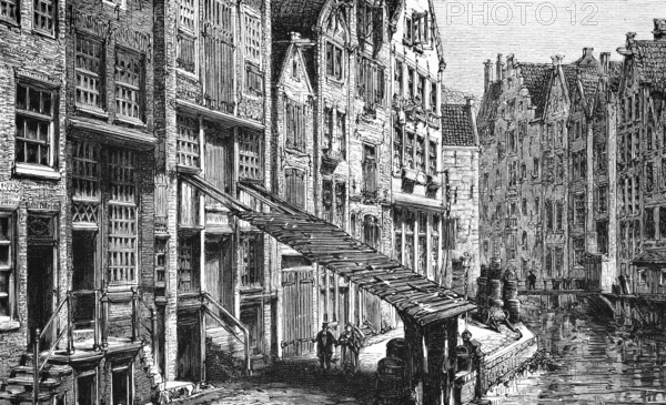 Row of houses in the historic centre of the Dutch capital Amsterdam, gabled houses on a canal, stairs to the entrance, bridge, pedestrians, geography, Kingdom of the Netherlands, historical illustration 1888