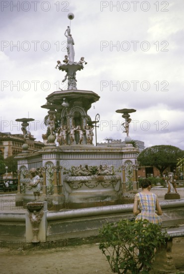 Historic iron fountain in neoclassical style, made in Glasgow and installed in 1896, Matriz Square, Praça da Matriz, city of Manaus, Brazil 1962