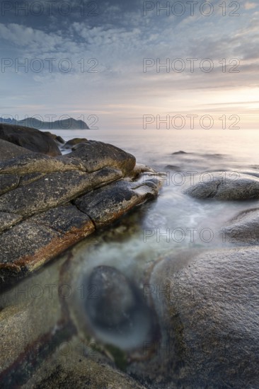 Rocky coast near Vikten, Lofoten, Norway, Europe