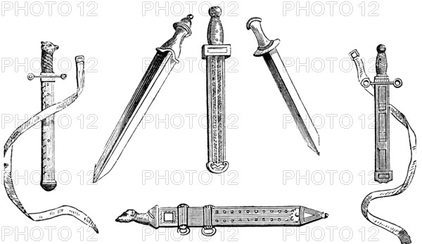 Valuable Roman swords with fine ornamentation from various periods, hilt with animal head, belt, Roman Empire, history of mankind, historical illustration 1880