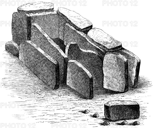 Burial chamber or dolmen Plantées de Rive, dolmen of Auvernier, Neolithic period, canton of Neuchâtel, history of mankind, Switzerland, historical illustration 1880, Europe