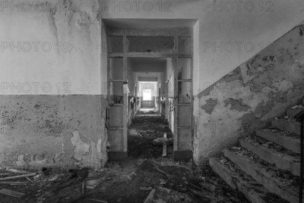 Lost Place, An abandoned and destroyed building corridor with crumbling walls, Lastovo, Neretva, Croatia, Europe