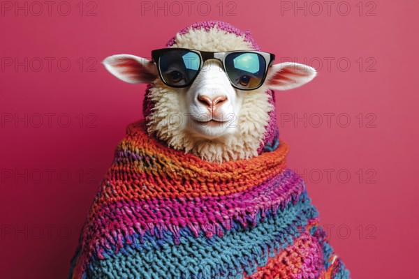 Cool sheep with sunglasses and knitted sweater in front of pink background. Generative Ai, AI generated