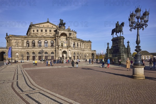 Semperoper, Dresden State Opera House, Neo-Renaissance architectural style, equestrian statue of King John Monument, candelabra, Theatre Square, Dresden, state capital, independent city, Saxony, Germany, Europe