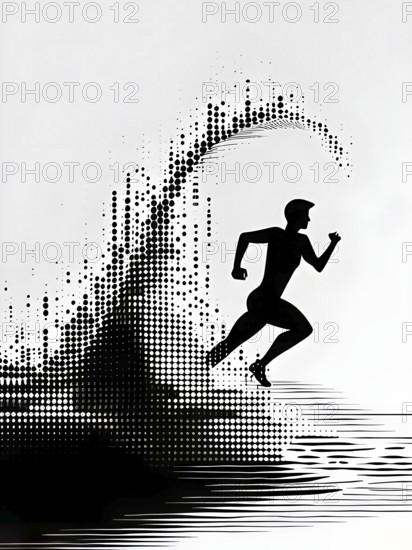 Wave of data points shaping into a runners silhouette, abstract illustration in black and white, conveying speed and precision guided by AI, AI generated