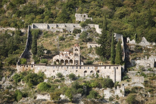 Exterior view of the Byzantine Orthodox monastery of Pantanassa, ruined city of Mystras or Mistra on the Taygetos Mountains, UNESCO World Heritage Site, Laconia, Peloponnese, Greece, Europe