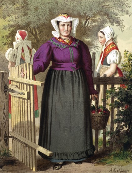 Traditional costumes in Germany around 1820, Province of Silesia, Tannhausen, A woman in traditional traditional costume with a fruit basket stands next to a wooden gate in a village, digitally retouched reproduction of a model from around 1850, by Albert Kretschmer (27 February 1825, 11 July 1891), German painter and costume expert