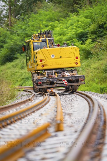 Yellow train runs on winding tracks through a green landscape, track construction, Hermann Hessebahn, Calw, Black Forest, Germany, Europe