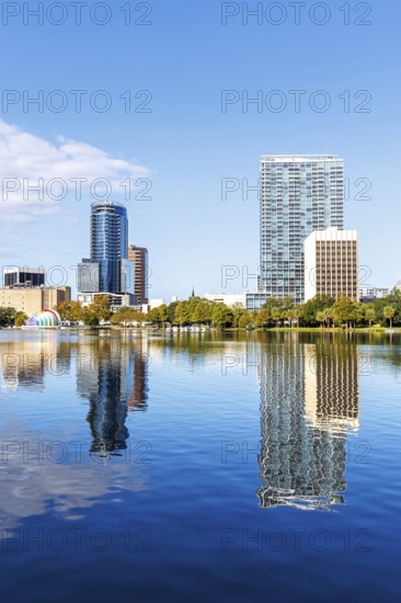 Skyline at Lake Eola Park Lake Downtown in autumn in Florida, Orlando, USA, North America