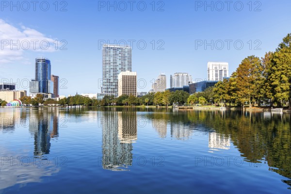 Skyline at Lake Eola Park Lake Downtown in autumn in Florida, Orlando, USA, North America