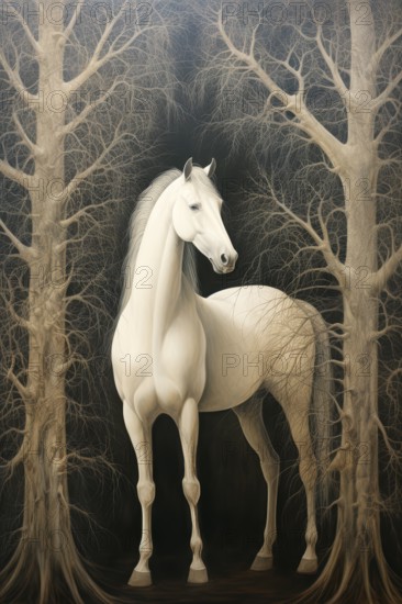 White horse in an imaginary forest, 19th century style, AI generated