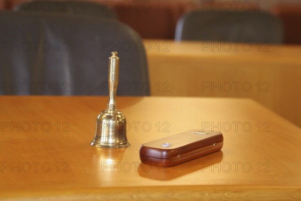 Close-up of a hand bell used, for example, in meetings, committees or courtrooms (here: council chamber of the municipality of Mutterstadt, Rhineland-Palatinate)