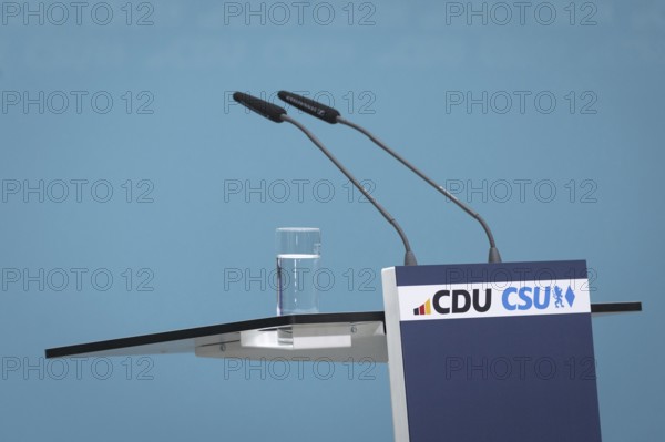 Lectern in the Konrad Adenauer Haus, taken during a press conference after the joint meeting of the CDU/CSU Presidiums on the European election programme in Berlin, 11 March 2024