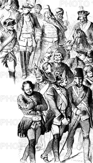 Pardoned Russians after the Battle of Zorndorf 1758, victorious Prussian army against the defeated Russian army, Thirty Years' War, Frederick II, Frederick the Great, history, soldiers, defeat, captivity, Russia, Prussia, historical illustration 1882, Europe