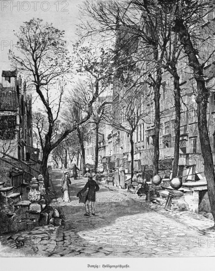 Heiligengeistgasse, Gdansk or Gdansk, Baltic Sea, Poland, alley, strollers, cobblestones, house facades, architecture, trees, stairs, quiet scene, historical illustration 1880, Europe