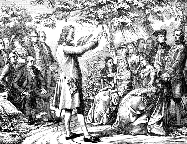 Weimar's Musenhof, Christoph Martin Wieland reads, intellectual life in Weimar, Sturm und Drang in German literature, poets, poets and writers, reading in the garden, lecture, educated audience, garden, education, fine arts, nature, trees, sitting, 18th century, Germany, historical illustration 1882, Europe