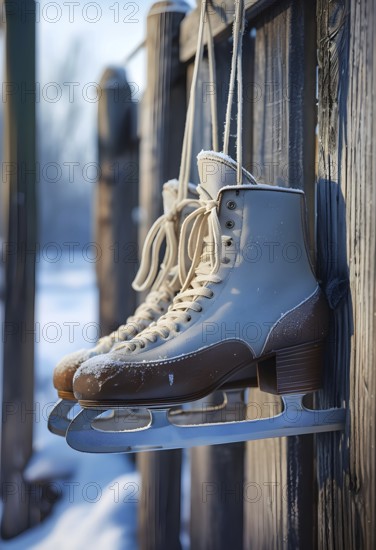 Pair of vintage ice skates hanging by their laces on an old wooden fence with frost and snow gently settled on the blades, AI generated