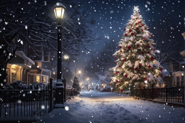 Christmas Eve with snowflakes fall under the light of a streetlamp with a decorated tree in the background, AI generated