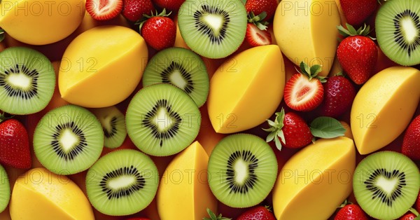 Colorful and artfully arranged slices of fruits like mangoes, strawberries, and kiwi, AI generated