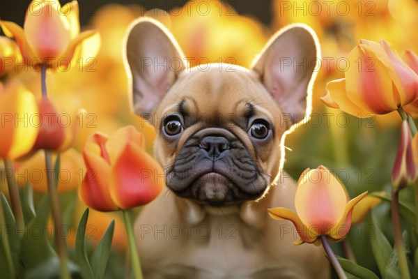 Fawn French Bulldog dog between yellow and red tulip spring flowers. KI generiert, generiert AI generated