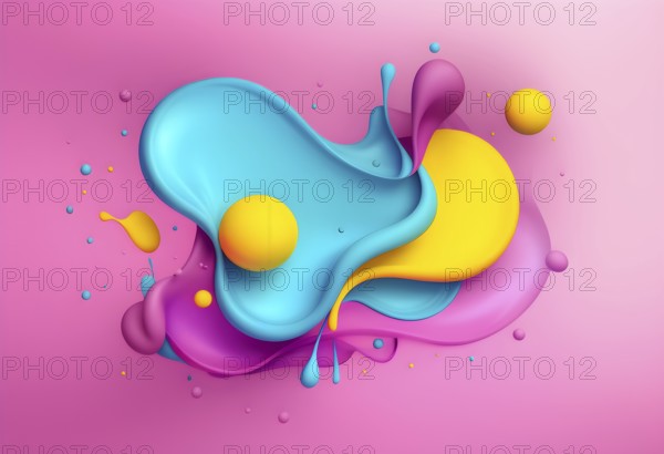 Abstract image with colorful yellow and turquoise blobs and liquid shapes on a pink background, AI generated