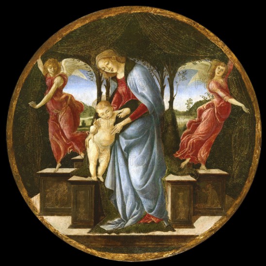 Virgin and Child with Two Angels (1485-95), Virgin and Child with Two Angels, Painting by Sandro Botticelli (1 March 1445, 1510), one of the most important Italian painters and draughtsmen of the early Renaissance, Historic, digitally restored reproduction from an original, Record date not stated