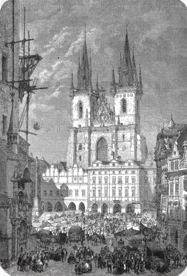 Historical, digitally restored reproduction from a 19th century original, Record date not stated, Church of the Virgin Mary in front of the Teyn, Teyn Church or Tein Church, also St Mary's Church, around 1855, Old Town of Prague, Czech Republic, Europe