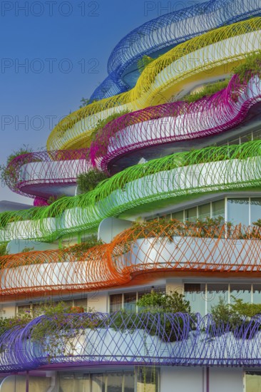 Modern apartment building with colourful balcony decorations, Eivissa, Ibiza Town, Ibiza, Balearic Islands, Mediterranean, Spain, Europe