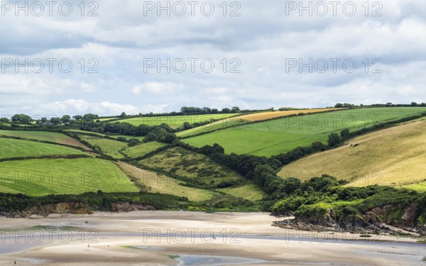 Fields and Farms over Mothecombe Beach, Mothecombe, River Emme and Red Cove, Plymouth, South Devon, England, United Kingdom, Europe