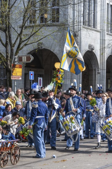 Parade of historically costumed guild members, drummers with flag, Guild of the Three Kings, Sechseläuten or Sächsilüüte, Zurich Spring Festival, Zurich, Switzerland, Europe