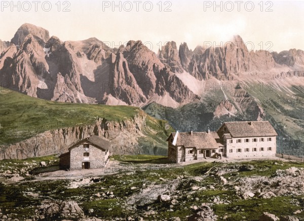 Schlernhaus and rose garden group, formerly Tyrol, Austria-Hungary, today South Tyrol, Italy, Historical, digitally restored reproduction from a 19th century original, Record date not stated, Europe