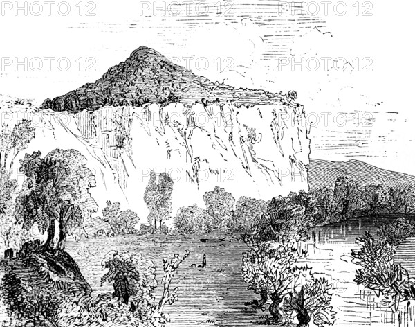 Rock formation Doberschauer Schanze near Bautzen on the Main Spree, Saxon Lusatia, steep slope, round mountain, hiking area, history of mankind, Germany, historical illustration 1880, Europe